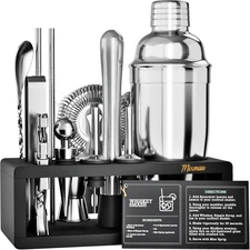 Mixology Bartender Kit w/ Stand - 15pcs Bar Tool Set, Cocktail Shaker Set-Silver
