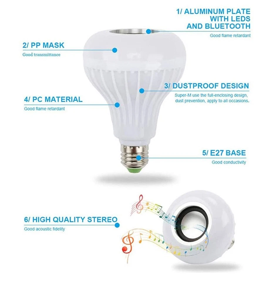 E27 LED RGB Light Bulb 12W with Bluetooth Speaker Remote Control Color Changing - Image 2 of 4