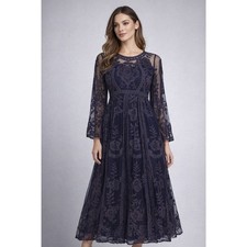 Boho Gothic Sheer Mesh Embroidered Maxi Dress Medium Navy Festival Evening Party