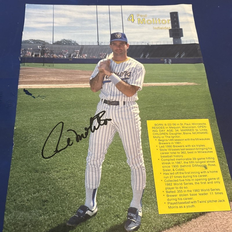 BASEBALL~SIGNED PAUL MOLITOR (HOF) MILW. BREWERS YEARBOOK FULL PAGE CUT