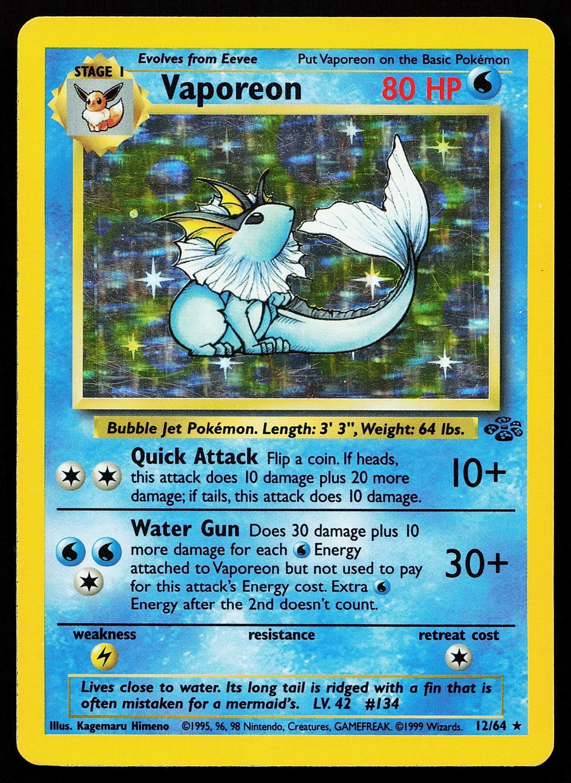 Vaporeon 12/64 Unlimited Holo Rare Jungle Pokemon Card
