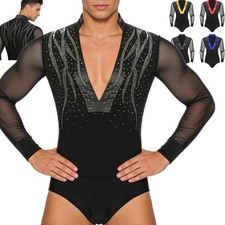Men's Jumpsuit Long Sleeve Leotard Deep V-neck Bodysuit Ballroom Dancewear Party