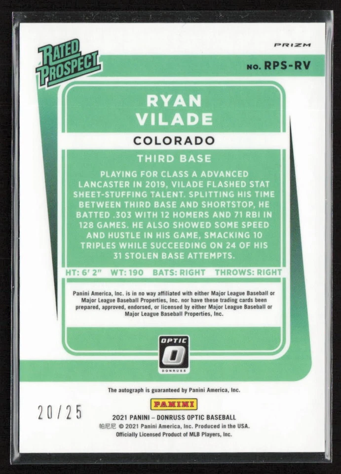 2021 Donruss Optic Signatures Carolina Blue Velocity /25 Ryan Vilade #RPS-RV - Image 2 of 2