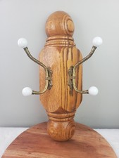 VTG 17" Oak  Brass 2-Hook Porcelain Knobs Twisted Wall Mount Coat Towel Hanger