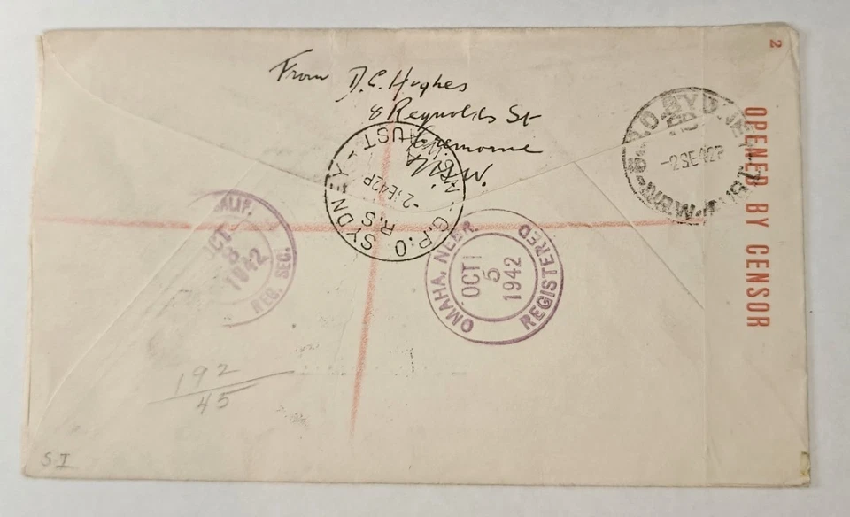 Australia 1942 KGVI FDC Cover Reg. GPO. Sydney to Omaha NE, Block 4 WWII CENSOR - Image 2 of 2