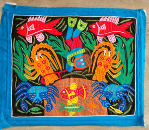 Panama Folk Art Reverse Applique Embroidery Quilted Fish Crab Diver 27"x23"