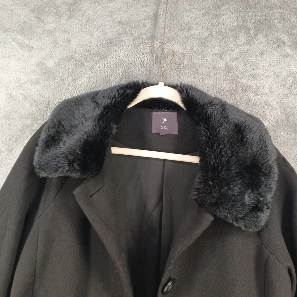 XXI Abrigo Mujer GRANDE (12-14) Cuello Imitación Piel Tejido Negro Forrado Invierno Informal Foto 3 de 4