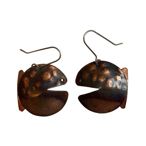 Artisan Copper Fish Dangle Earrings Stylized Round Puffer Goldfish Nom Nom Boho - Picture 2 of 6