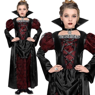 Süße Vampirin-Kinderkostüm Für Mädchen – Schwarz-rot Mit Kleid & Stehkragen, Größe 134/140 (10-12 Jahre)