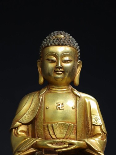 7.1" China Old Tibetan Buddhism temple Bronze 24k gilt Shakyamuni Buddha statue - Picture 2 of 9