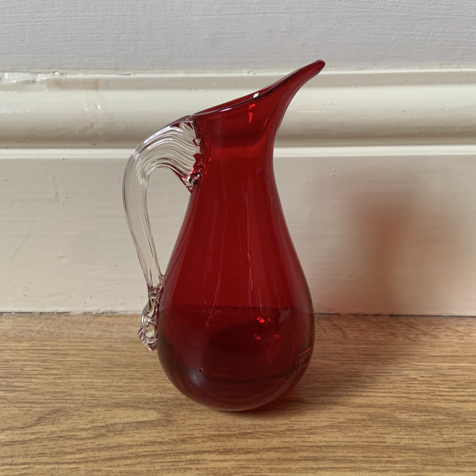 Vintage Whitefriars Ruby Red Glass Jug with Sparrow Beak & Clear Handle