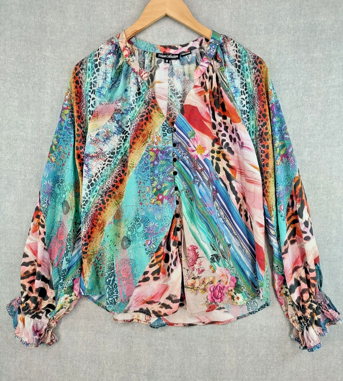 Tolani Collection Top Women Medium Colorful Multiprint Modal Bohemian V-neck