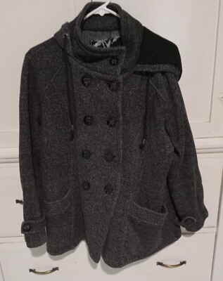 Sebby Women's Double Breasted Peacoat Jacket Hooded Gray XL - No Belt