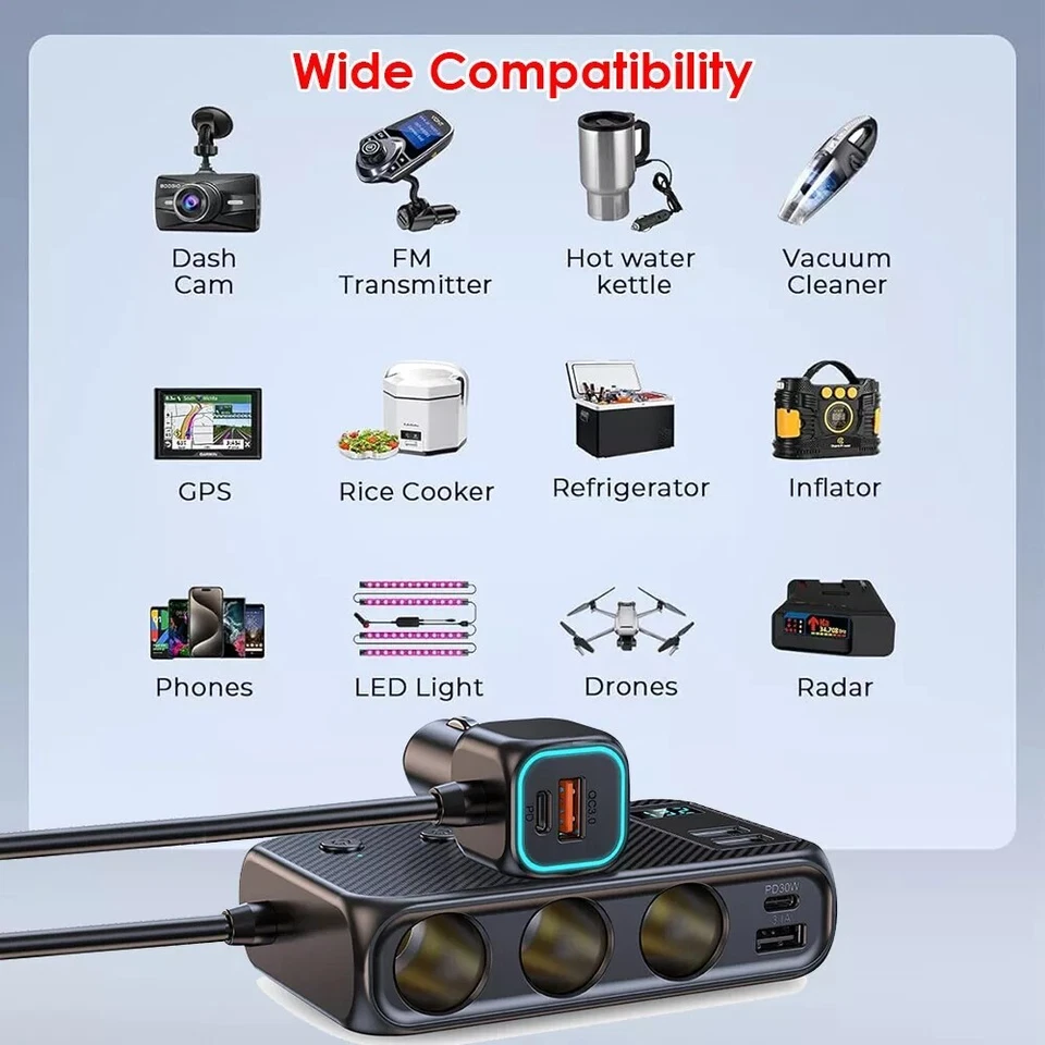 Cargador de coche 9 en 1 encendedor divisor adaptador rápido USB/C enchufe QC PD 30W Foto 4 de 4