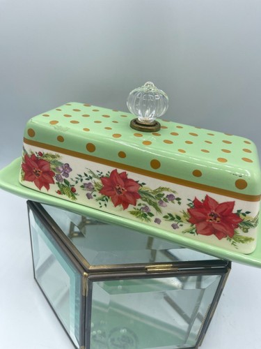 Pioneer Woman Mint Green Holiday Cheer Butter Dish with Clear Glass Knob