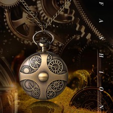Mens Vintage Carved Gear Decor Case Arabic Numerals Dial Quartz FOB Pocket Watch