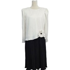 Vintage Dress Womens L Black White Layered Crinkle Drop Waist Long Sleeve Pleats