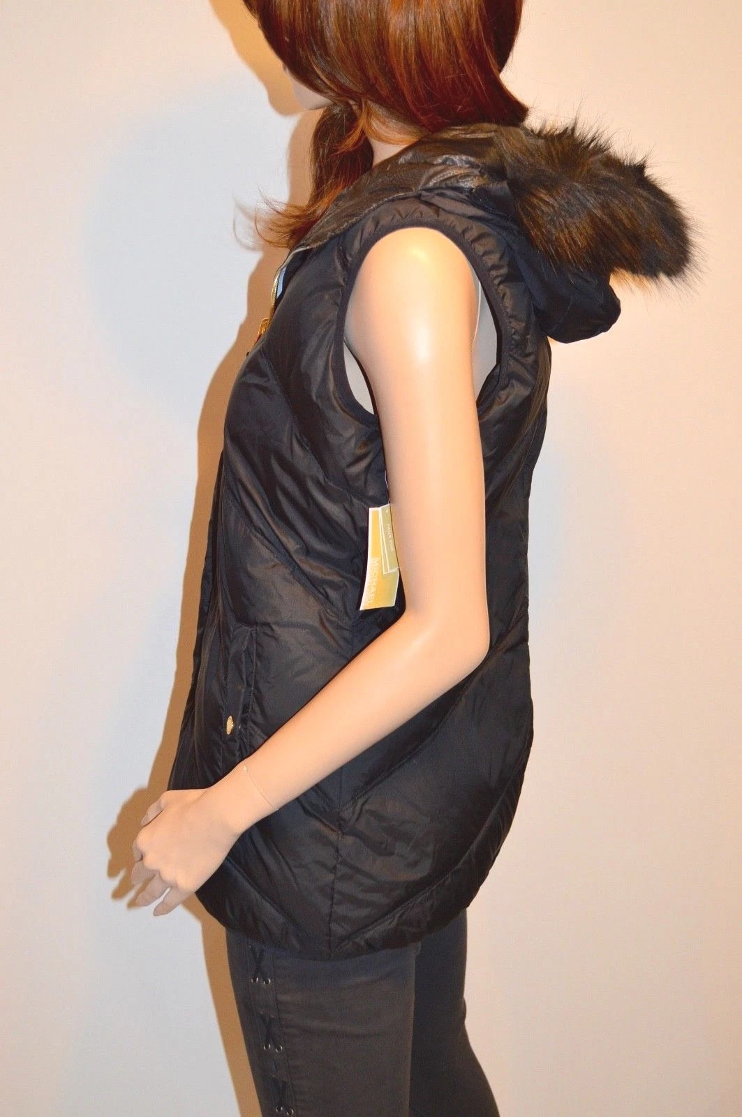 Nuovo $150 Michael Kors gilet piumino reversibile pelliccia sintetica cappuccio staccabile nero oro M
