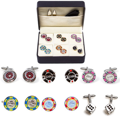 Casino Chips Poker Roulette Blackjack Craps 6 Pairs of Cufflinks Fancy Gift Box