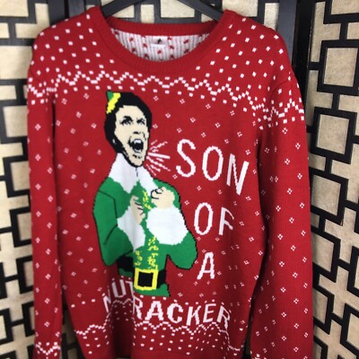 Elf Son of a Nutcracker Men Large Will Ferrell Sweater Red Ugly