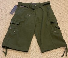 NWT Men  s Vertical Casual Olive Green Belted Cargo Pocket Shorts ALL SIZES