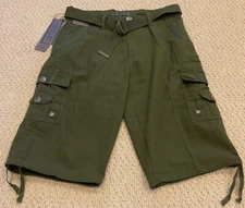 NWT Men’s Vertical Casual Olive Green Belted Cargo Pocket Shorts ALL SIZES