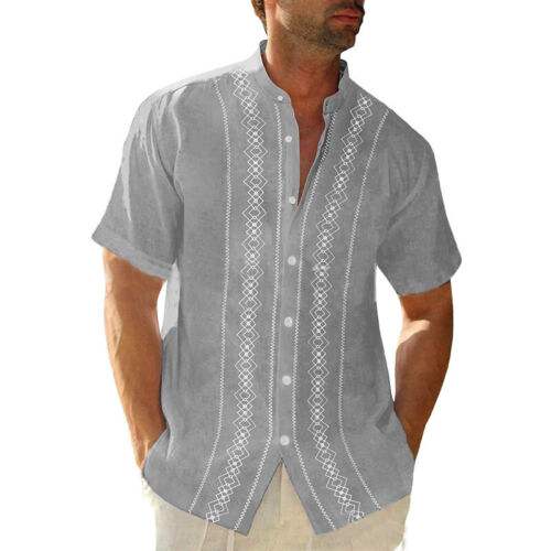 Men's Vintage Casual Stand Collar Ethnic Shirts Slim Blouse Short Sleeve T Shirt - Afbeelding 1 van 20