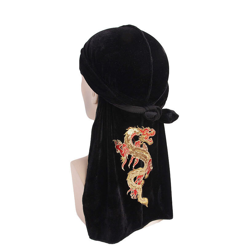 Men Velvet Chinese Dragon Turban Durag Hair Loss Hat Headwear