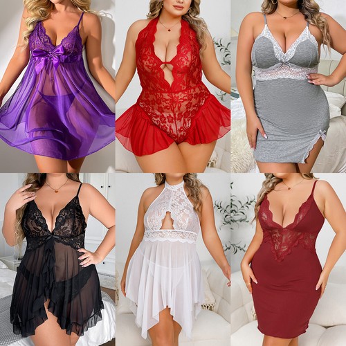 Plus Size Sexy Lingerie for Women Lace Dress Teddy Babydoll Nightwear G-string