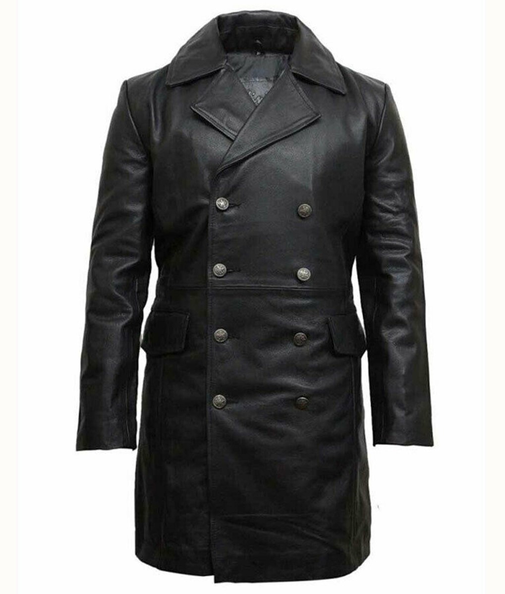 Mens Double Breasted Stylish Long Jacket Black Genuine Leather
