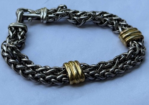 David Yurman 18K 750 Yellow Gold  925 Sterling 45g Double Wheat Bracelet 8.25"