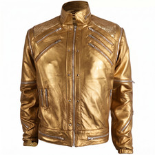 MJ Beat It Michael Jackson Golg Leather Jacket with Real Metal Mesh, Size Large