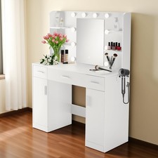 Makeup Vanity Desk with Mirror Lights 3 Drawers 2 Cabinet for Bedroom White