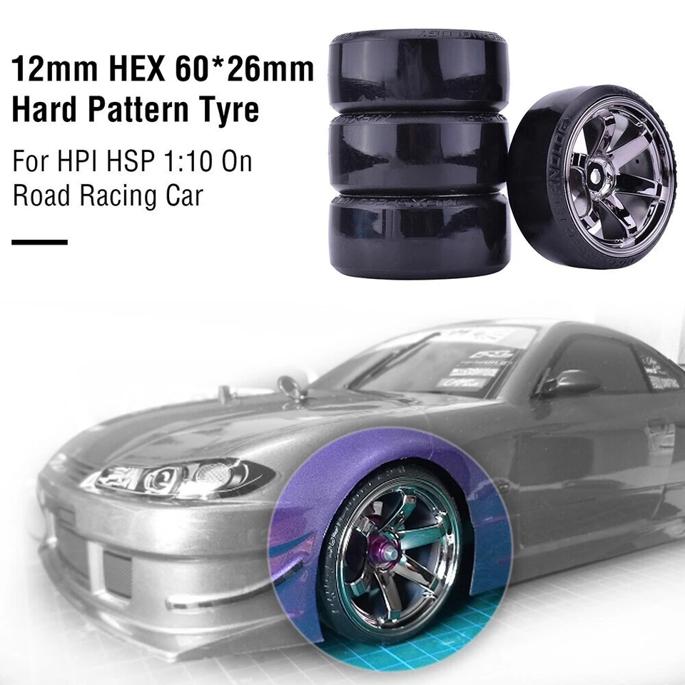 4x Hard Pattern Tyre Drift Tires Wheels 12mm Hex for HPI HSP 1:10 RC Racing Car - Bild 4 von 4