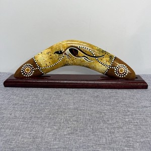 Aboriginal ART Boomerang Wooden Hand Painted Australia Aussie Native With Stand