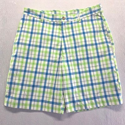 IZOD Performance Golf Shorts Men 34 Plaid Green Blue White Polyester Colorful