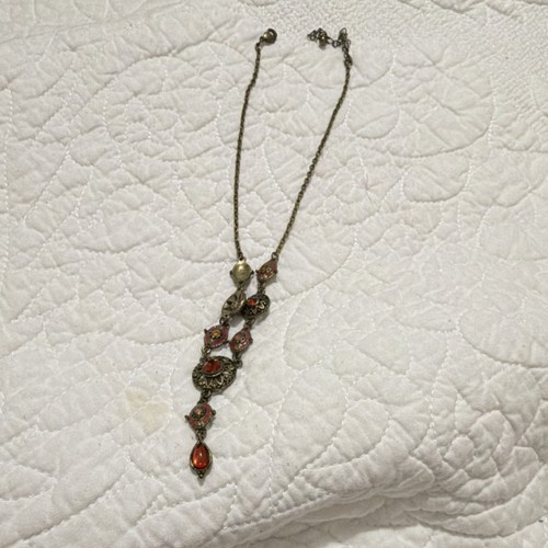 Bronze Tone Statement Pendant Necklace Red Glass Teardrop Stones Cable Chain