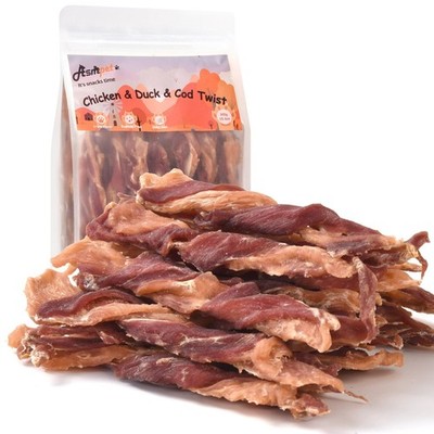 Dog Jerky Treats, Triple Flavor Chicken Duck Cod Jerky Twists