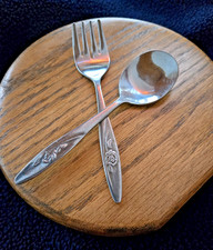Vintage 80  s Deluxe Stainless Steel The First Years Baby Spoon  Fork Tableware