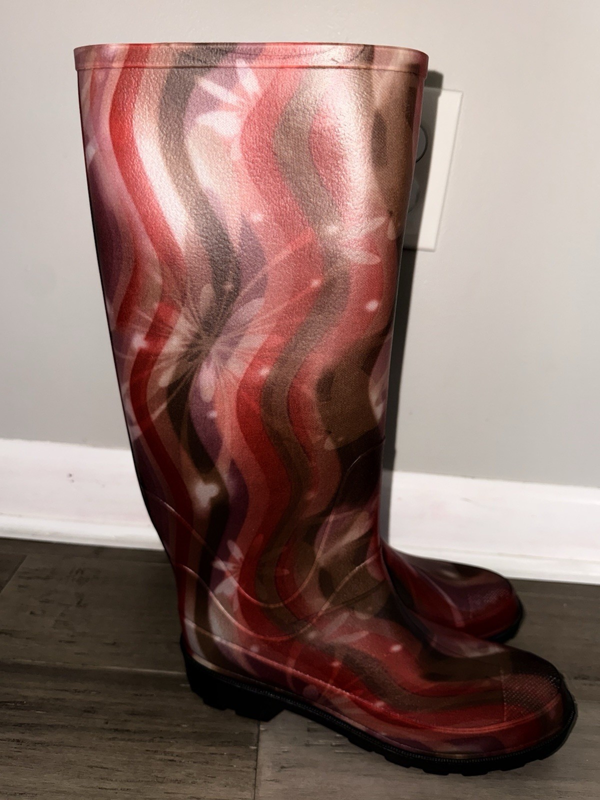 Rain Boots Womens 9 Pink Tan Rubber Print Tall Waterproof Slip Oil Resistant NEW-image
