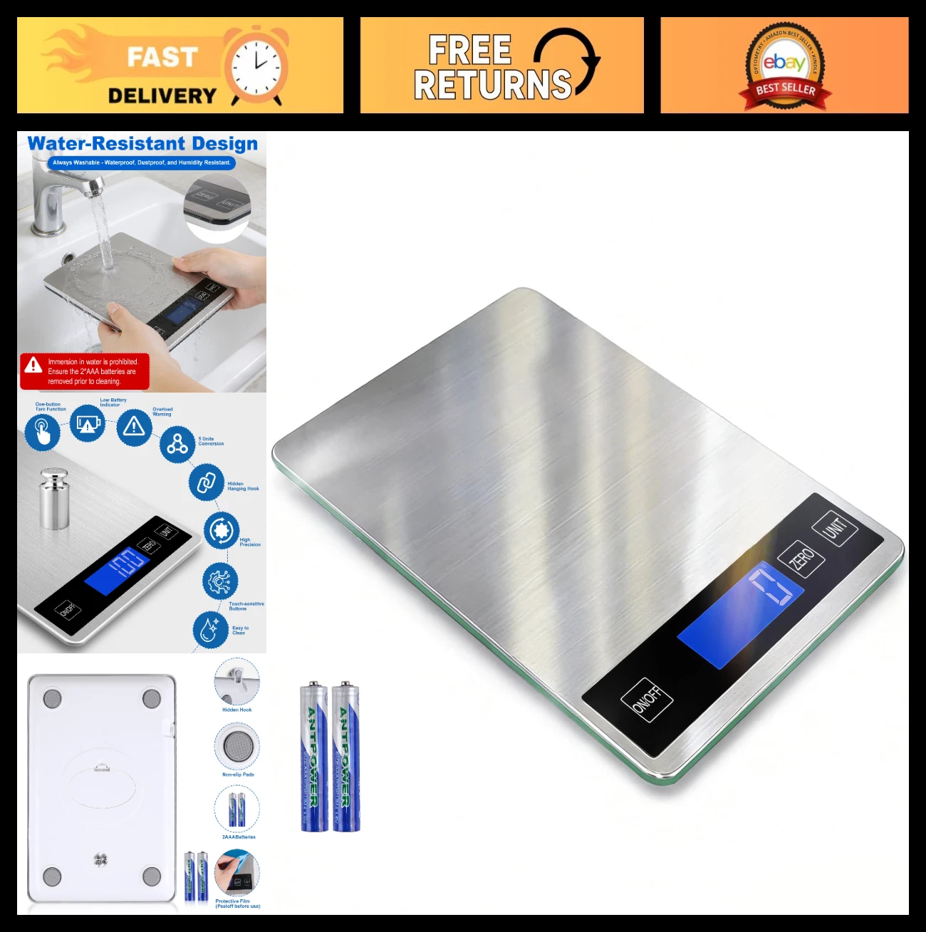 Digital Kitchen Food Scale 22lb Capacity, 1g/0.1oz Accuracy, Backlit LCD, Stainl