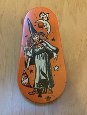 Vintage US Metal Toy Halloween Witch W/ Broom Ratchet Noisemaker Tin Litho