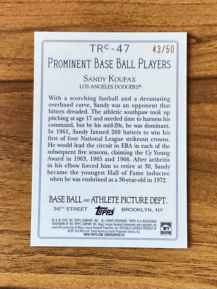 Topps 2020 - Turkey Red 2020 serie 2 Sandy Koufax #TR-47 azul/50 Foto 4 de 4