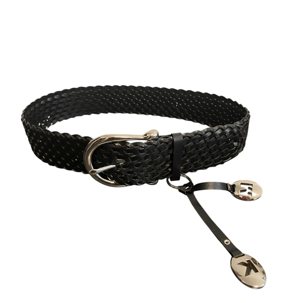Michael Kors leather braided equestrian belt designer logo charms silver‎ black Michael Kors Black Braided Leather Belt Silver Buckle Logo  main image 2