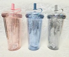 Double Wall Glitter Tumbler with Lid & Straw, 520ml Holographic Star Travel Cup