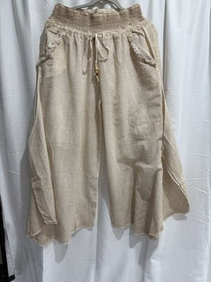 Boho Wide-Leg Cotton Pants with Crochet  Waist   Beige