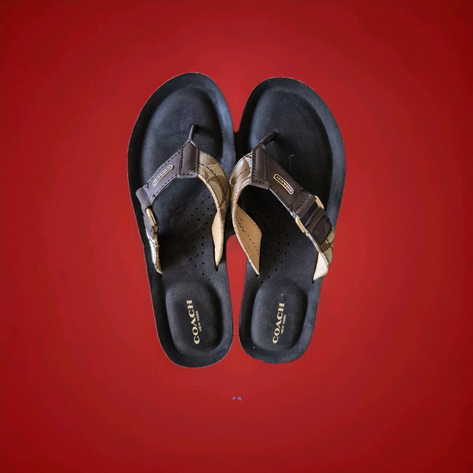 Coach Jada Signature Canvas Wedge Flip Flops - Khaki/Chestnut Size 8