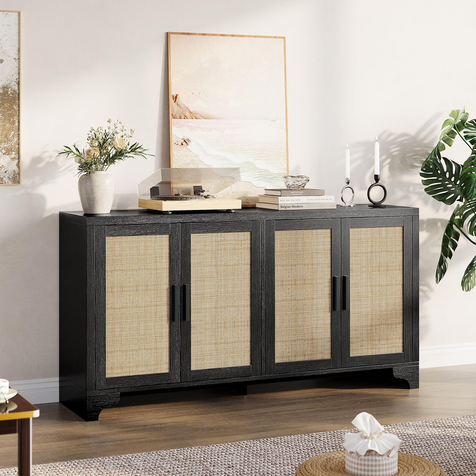 4 Door Sideboard Buffet Cabinet, Kitchen Storage Cabinet with Rattan Decorate