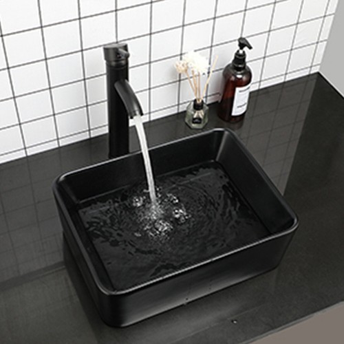 Black Bathroom Vessel Sink Rectangle Ceramic Vanity Basin Mixer Pop Up Drain Tap - Picture 3 of 9