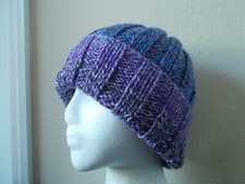 Hand knitted cozy and warm beanie/hat, gradient purple/blue tones